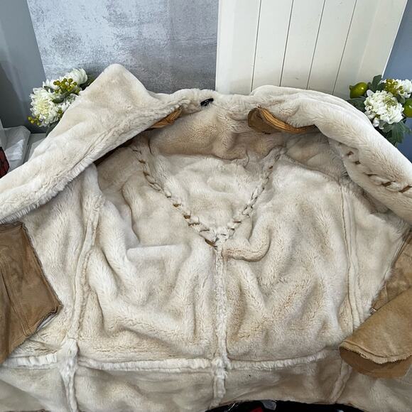 VINTAGE Charles Klein Suede Sherpa Hooded Longline Whipstitch Winter Car Coat XS - Picture 13 of 16